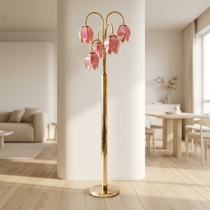 Artistic 5 Pink Lotus Flower <b>Shade</b> Floor <b>Lamp</b> Polished Gold Curved Rod Standing <b>Lamp</b> Romantic Ambient Light for Hotel Suite Deco - Product Image 2