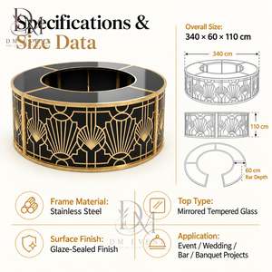 Barra de Bar Redonda Plegable Grande de Acero Inoxidable Dorado y Negro Estilo Art Deco Personalizada con Tapa de Vidrio Templado Desmontable - Product Image 3