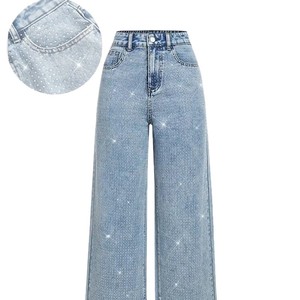 Hot Selling <b>Stretch</b> Washed <b>Denim</b> Straight Pants For Women Classic Casual Design With Beautiful Bead Ornament Details - Product Image 3