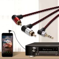 Cable divisor en Y de 90 grados, 3,5mm, AUX a 2 RCA, duradero y práctico, conector en ángulo recto, línea de audio para PC, amplificador de teléfono móvil, altavoz