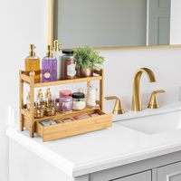 Organisateur de comptoir en bambou naturel avec tiroir coulissant, support de rangement multifonctionnel pour épices et produits de soin pour cuisine et salle de bain