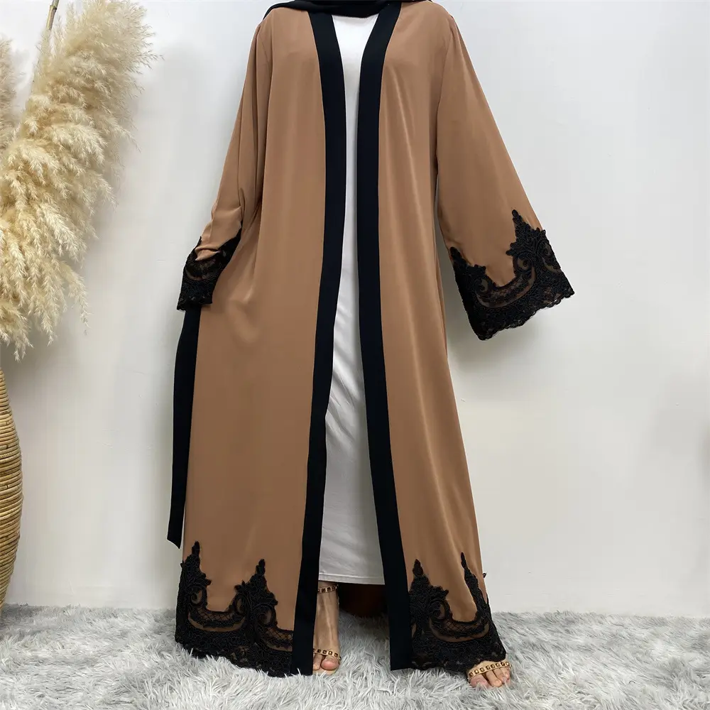 Vestido de renda bordado para mulheres, vestido casual islâmico abaya, cardigã de cor lisa, vestido de manga comprida, frente aberta, kaftan, venda imperdível