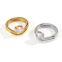 Bague double couche en acier inoxydable personnalisée OEM pour femme, élégante, avec zircon blanc ovale, bijou classique pour mariage et fête