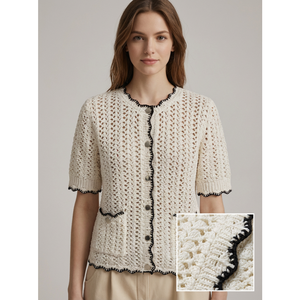 <span class=keywords><strong>Cardigan</strong></span> Estivo Vintage 2026 in Crochet Color Crema da Donna, Manica Corta, Collo Tondo, Bordo Smerlato a Contrasto, Maglia con Bottoni - Product Image 2