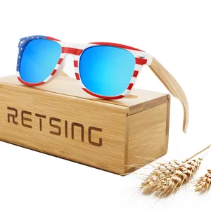 Promotion Custom Logo American/USA Flag Sunglasses Wooden Polarized Bamboo Sun Glasses mit CE