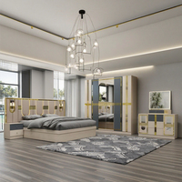 Ensemble de chambre à coucher moderne et luxueuse avec lit en tissu blanc et six armoires meubles en bois personnalisables pour hôtel, maison ou villa