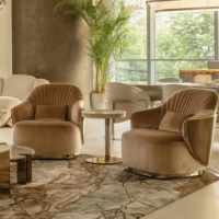 Fauteuil pivotant en velours écologique fait main de luxe avec garniture dorée, chaise de loisirs ergonomique pour salon, bureau à domicile, villa