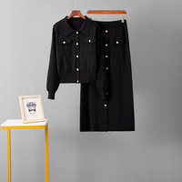 Ensemble élégant décontracté pour femme : cardigan tricoté à revers et boutons dorés, manches longues, et jupe midi – Idéal printemps-automne, bureau et usage quotidien