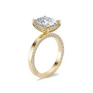 Anillo de compromiso de oro macizo de 14K con diamante cultivado en laboratorio de corte cojín de 4 quilates, banda pavé y diamantes laterales, venta al por mayor personalizada - Product Image 3