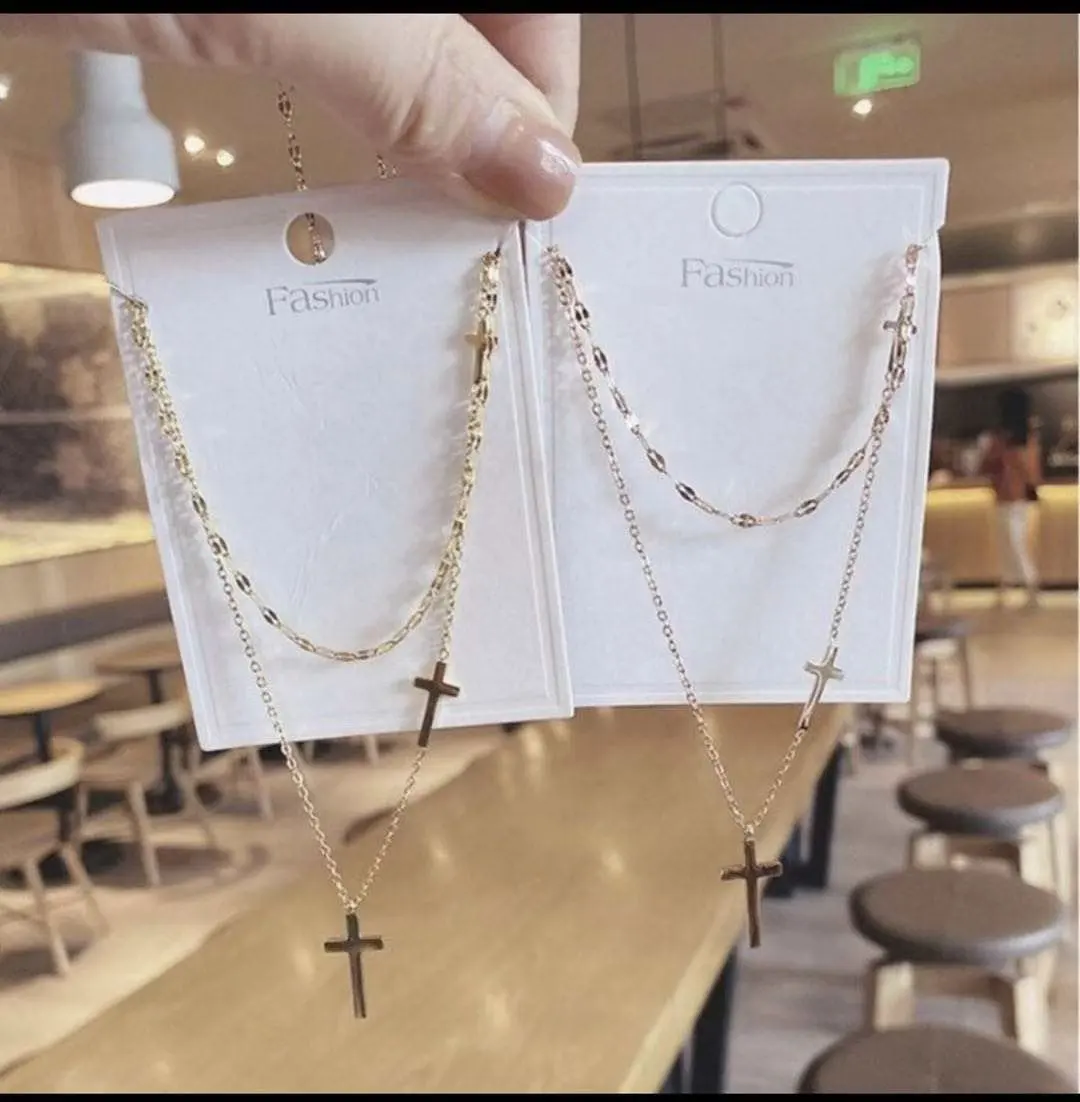 Hot Sale Cross Pendant Double Layer Titanium Steel double layer gold Multilayer Necklace