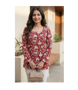 Kurti Corto de Algodón con Estampado Floral para Mujer, Túnica Étnica Ligera de Verano, Informal, Elegante, para Uso Diario, Cómoda y Moderna, Top Indio - Product Image 1