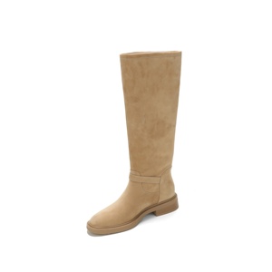 Stivali al ginocchio da donna in <span class=keywords><strong>camoscio</strong></span> marrone chiaro, con punta tonda e tacco basso, cinturino a doppia fibbia, stivali casual da equitazione per uso quotidiano - Product Image 4