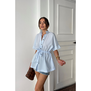 Blusa de Popelina Azul Claro de Manga Corta con Detalle de Lazo en la Cintura para Mujer, Talla S - Product Image 2