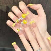 Faux Ongles à Presser Personnalisables en Gros, Design Mignon Abeille et Fleur 3D, Jaune Nude, French Manucure Carrée, en Acrylique, 10 Pièces, Usage Quotidien