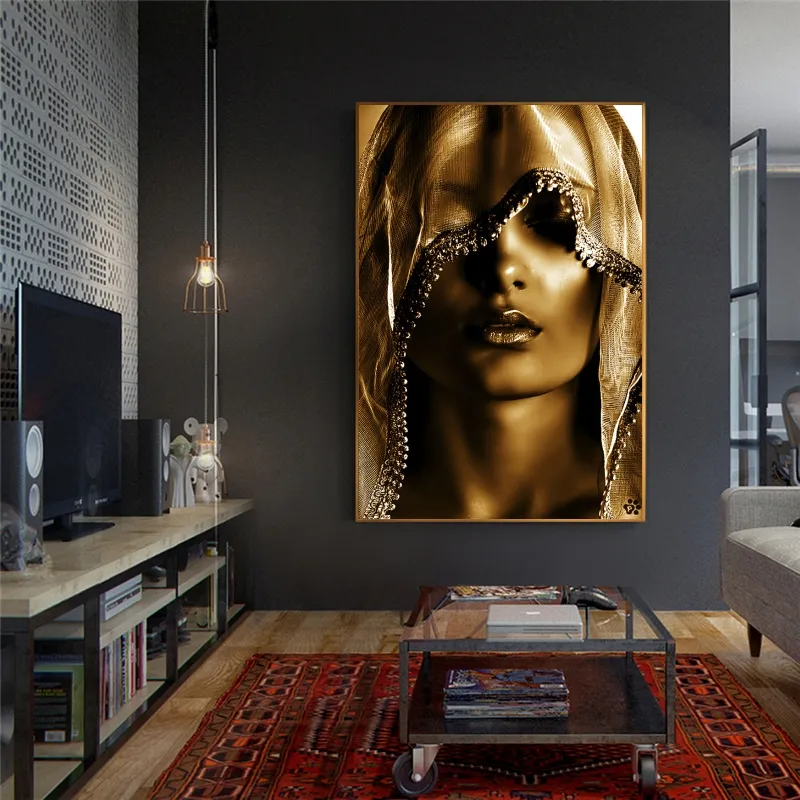 Goldenen Make-Up Frauen Leinwand Gemälde Poster und Druck Nordic Stil Wand Kunst Bilder Skandinavischen Cuadros für Wohnzimmer Decor