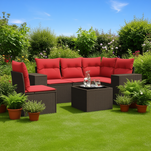 Set di divani da giardino in polyrattan marrone da 6 pezzi con cuscini, mobili da esterno dal design contemporaneo - Product Image 2