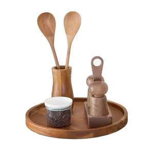 ชุดถาดชาไม้พร้อมช้อน โถบด 4 ชิ้น ไม้เนื้อแข็ง สีเรโทร สำหรับดื่มชา ล้างมือเท่านั้น - Product Image 1