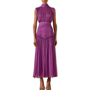 High Quality Round Neck Sleeveless Solid Color High Waist Ruffled Office Lady Maxi Dress
