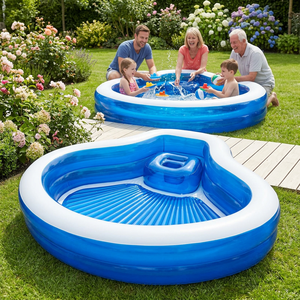 Piscine gonflable familiale ronde avec dossier et sièges intégrés, couleur bleu + blanc - Product Image 4