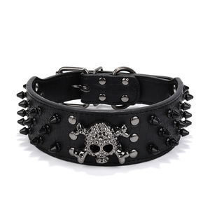 Venta caliente cabeza redonda patrón de calavera PU <span class=keywords><strong>Collar</strong></span> para mascotas con remache de uñas <span class=keywords><strong>Collar</strong></span> de perro decorativo de Color sólido - Product Image 1