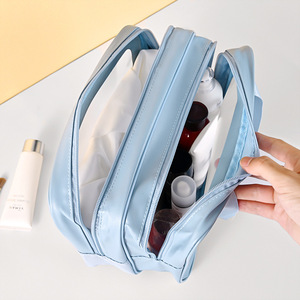 Pu Double Layer Cosmetic Bag Large Capacity Travel Toiletry Bag With Transparent Window Dry Wet Separation - Product Image 3