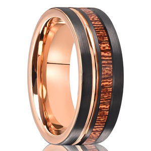 로즈 골드 텅스텐 카바이드 링 8MM6MM 약혼 웨딩 밴드 로즈 골든 그루브 상감 우드 매트 남성용 여성용 브러시 - Product Image 2