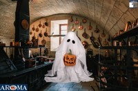Décoration d'Halloween Fantôme Animé de Table AROMA Tenant une Citrouille avec Mouvement et Lumière, Idéale pour les Tables de Fête, les Bars et les Cosplay Effrayants