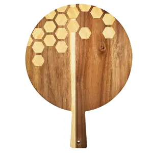 木製ピザピールアカシアウッドラウンドまな板ハンドル付きチーズサービングボードトレイピザパドル