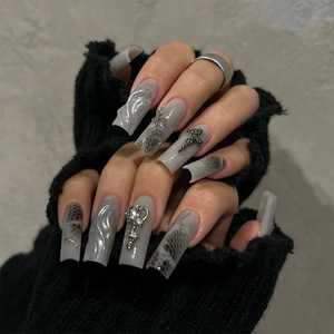 <span class=keywords><strong>Uñas</strong></span> Postizas Góticas Y2K, Diseño <span class=keywords><strong>de</strong></span> Piel <span class=keywords><strong>de</strong></span> Serpiente Gris, Corazón 3D, Forma <span class=keywords><strong>de</strong></span> Ataúd Larga, Acrílicas, Cobertura Total, Reutilizables, para Fiestas - Product Image 1
