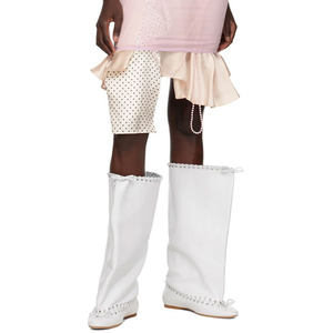 Scarpe da Slip on superiori a pieghe larghe personalizzate con fiocco anteriore e morbidi <span class=keywords><strong>stivali</strong></span> lunghi piatti da donna con la corda superiore aggrovigliata stivaletti <span class=keywords><strong>alti</strong></span> al ginocchio - Product Image 3