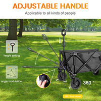 Chariot de jardin compact pliable noir robuste pour l'extérieur avec roues tout terrain, chariot de plage à queue réglable à 90 degrés pour le camping