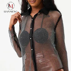 LIANMENG AC081Mesh Long Sleeve Top Black Reasonable Price Diamond Top