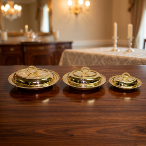 Brass Covered Serving Dish <b>Set</b> Gold Plated Serving Tray with Lid 3 Pcs Entree Dish Brass Casserole with Lid Oval Serving <b>bowls</b> - Product Image 5