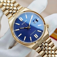 Jam Tangan Mekanik Pria CIT Stainless Steel Warna Emas, Logo Custom, Kalender Sederhana, Dial Biru, Tahan Air, Promo Hot Sale