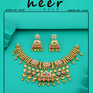 Conjunto de collar de oro tradicional con piedras de colores y pendientes grandes, joyería étnica nupcial para ocasiones festivas. - Product Image 2