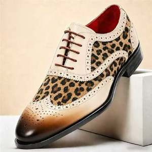 รองเท้าหนังแท้ลายเสือดาวแบบ Brogue Oxford หัวกลม พื้นยาง สำหรับผู้ชาย เหมาะสำหรับใส่ทำงาน แต่งงาน งานเลี้ยง และโอกาสทางการ - Product Image 5