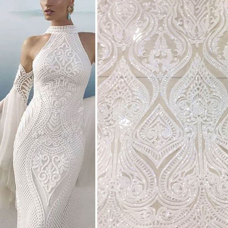 White Sequin Embroidery Lace Flower Bridal Wedding Dress French Lace Fabric