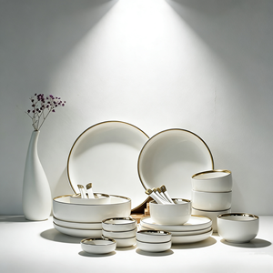 Custom Logo <strong>Wholesale</strong> Tableware <strong>Dinner</strong> Plate Cereal Bowl White Matte Gold Rim <strong>Ceramic</strong> Dinnerware <strong>Sets</strong> - Product Image 1