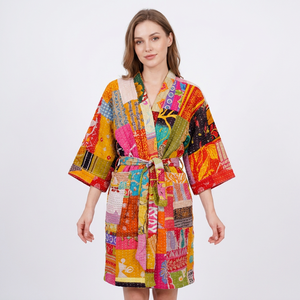 Vintage Bengali Gudri Robes Old Kantha Quilt Kimono Handmade Summer Jacket Wrap <b>Coat</b> Belt Printed Fabric Cotton Suede Material - Product Image 1