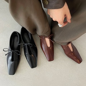 Leather low-heeled women's slip-on shoes with square <b>toe</b> and bow tie laces spring new style - Product Image 5