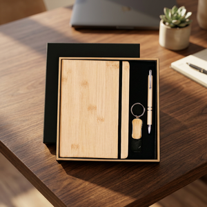 Ensemble cadeau de stylo, carnet et porte-clés en bois de bambou, kit promotionnel pour le bureau, en boîte - Product Image 3