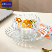 Set Mangkuk dan Piring Kaca Elegan - Mangkuk Sajian Kristal Bening Berusuk dengan Piring Kecil, 250ml 160ml untuk Salad dan Camilan