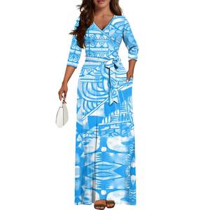 جديد تصميم جزيرة المحيط الهادئ للنساء فستان طويل الأكمام حزام مخصص كبير الحجم الجانب جيب ربط متابعة فستان الجزيرة فساتين عارضة - Product Image 1