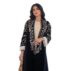 Robe longue élégante en velours noir brodée de fleurs, style abaya modeste, pour femmes, <span class=keywords><strong>HS123</strong></span> - Product Image 1