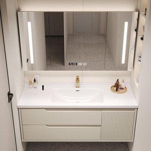 Meuble de salle de bain moderne en bois massif, lavabo intégré en céramique, lavabo minimaliste moderne - Product Image 4