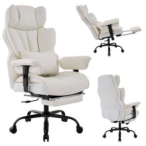 Silla de oficina ergonómica de 400 libras, silla de juego de cuero genuino blanco con respaldo alto grande y alto, reposapiés reclinable ejecutivo - Product Image 1