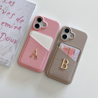 Étui de téléphone en cuir PU grain litchi de luxe avec porte-cartes et initiale métallique pour iPhone 16 15 14 Pro Max Vente en gros OEM