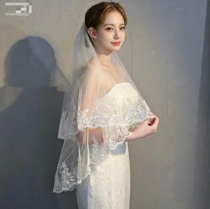 Nouveau <span class=keywords><strong>Voile</strong></span> de Mariée de Luxe avec Bordure en Dentelle et Peigne, Double Couche, Paillettes Scintillantes et Perles, pour Coiffure de Mariée - Product Image 3