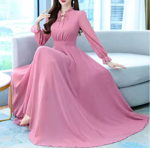 Vestido Largo Casual de Gasa para Mujer, con Mangas Largas, Cintura Alta, Estilo Swing, Control de Abdomen, Moderno para Primavera y Otoño - Product Image 1