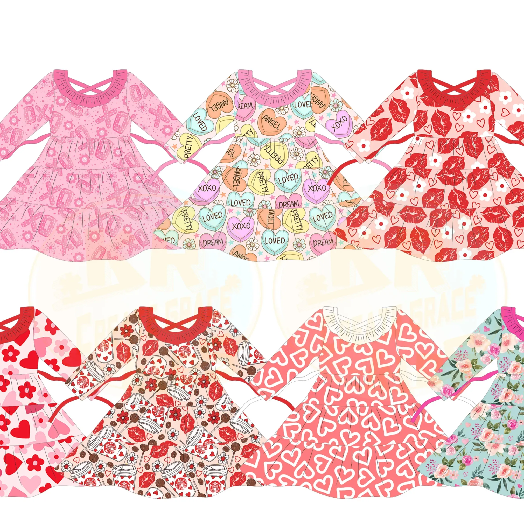 OEM Custom luxury Brand Toddler Baby Girls Unique Pattern Print Twirl Dress Short Sleeve Casual Valentine's Day. Apparel